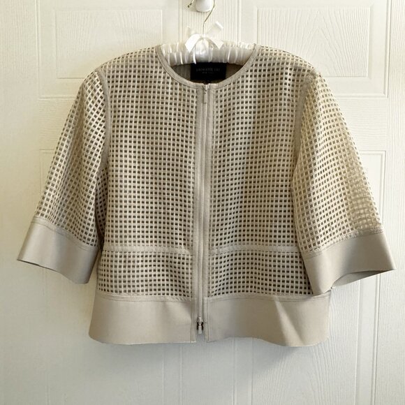 Lafayette 148 Beige Mesh Grid & Faux Leather Evening Jacket, Size M - Picture 1 of 7